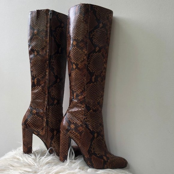 Aldo Women's Brown Etassi Snake Effect Leather Heeled Knee High Boots, Size 7.5 - Picture 6 of 8